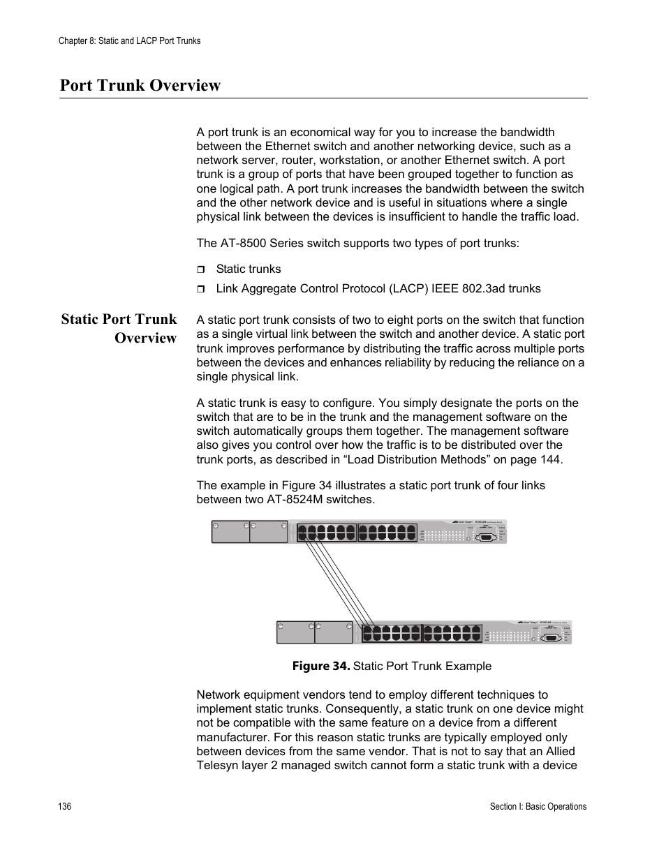 Port trunk overview, Static port trunk overview, Figure 34: static port trunk example | Figure 34, Static trunks | Allied Telesis AT-S62 User Manual | Page 136 / 822