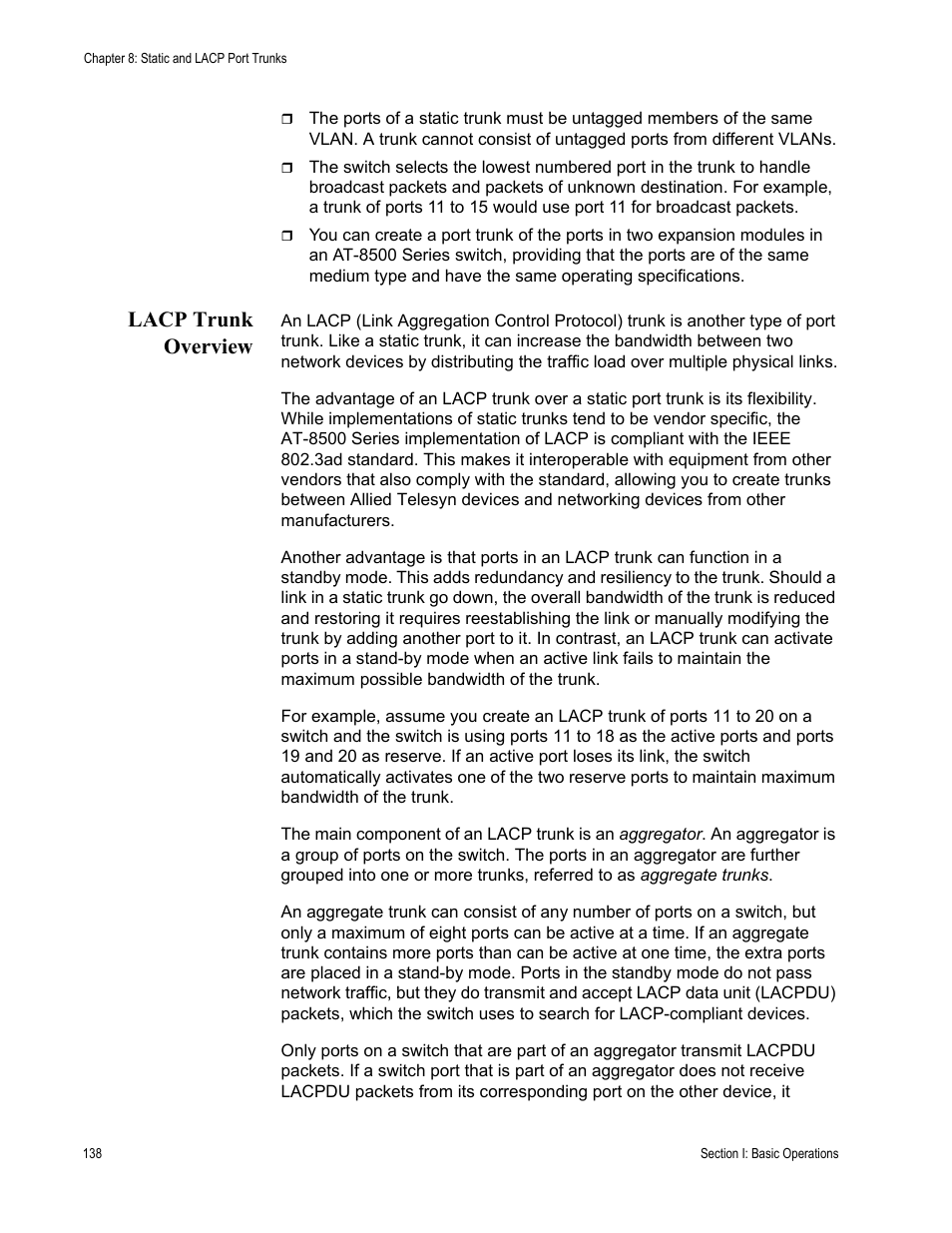 Lacp trunk overview | Allied Telesis AT-S62 User Manual | Page 138 / 822