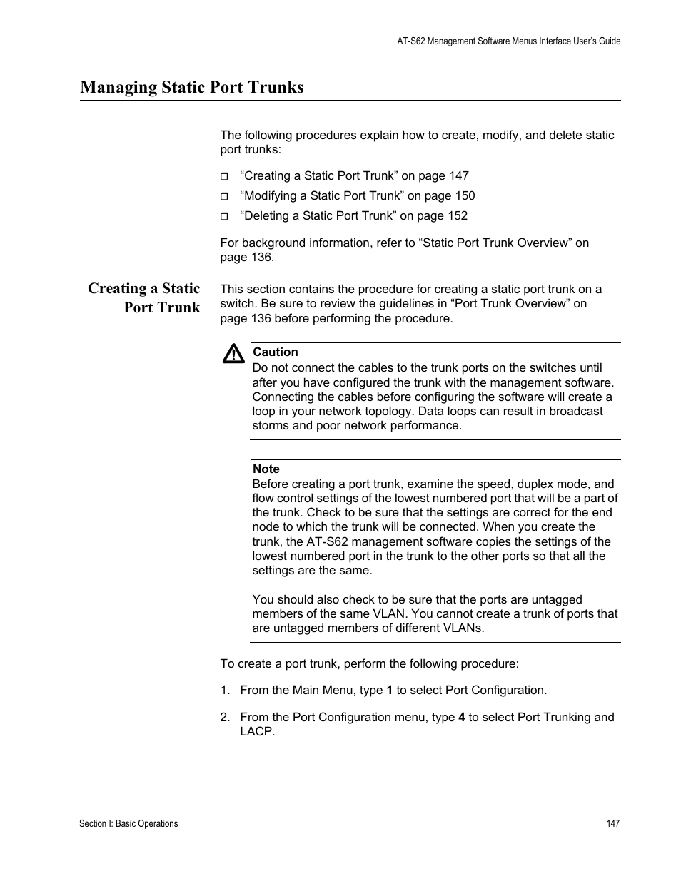 Managing static port trunks, Creating a static port trunk | Allied Telesis AT-S62 User Manual | Page 147 / 822