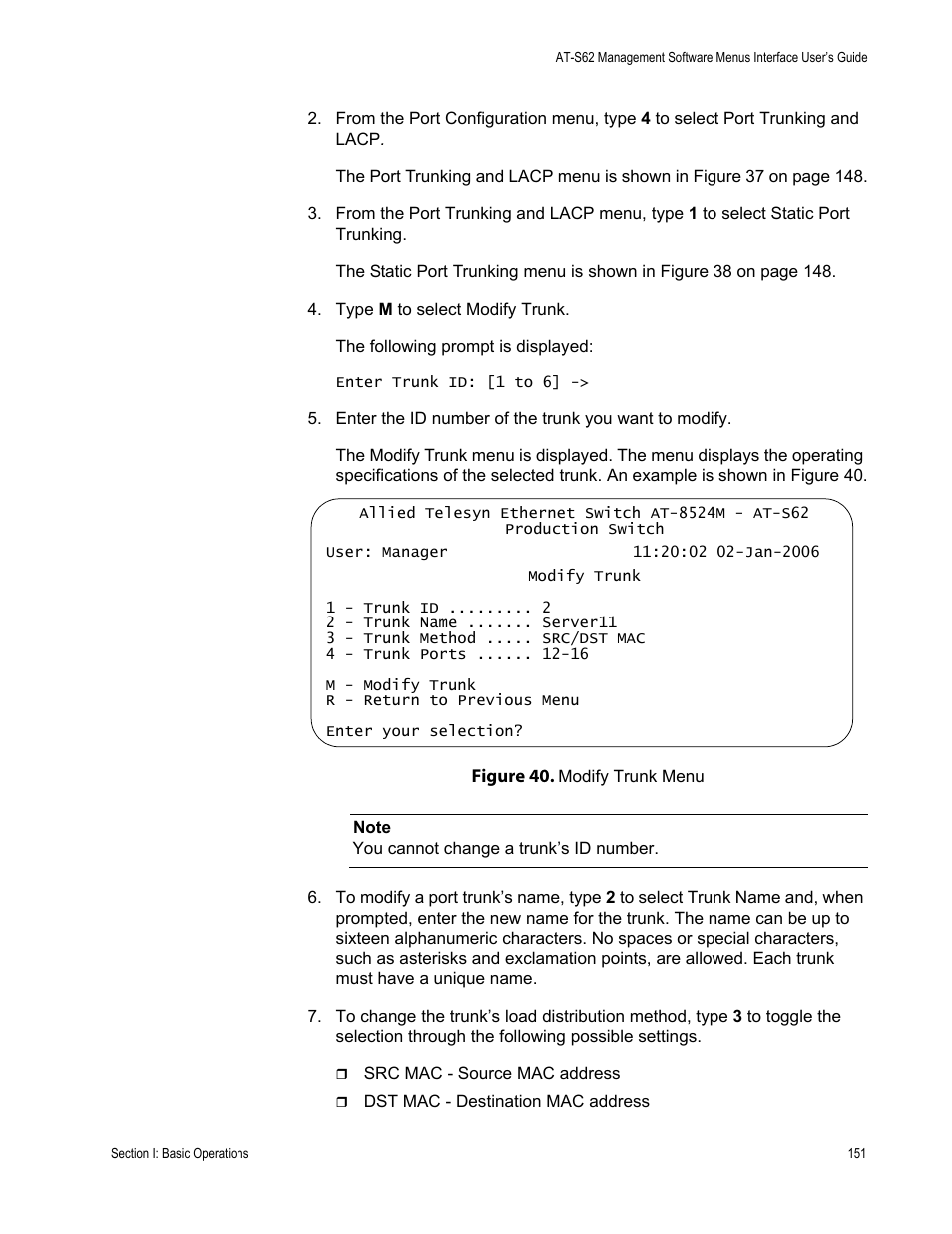 Figure 40: modify trunk menu | Allied Telesis AT-S62 User Manual | Page 151 / 822