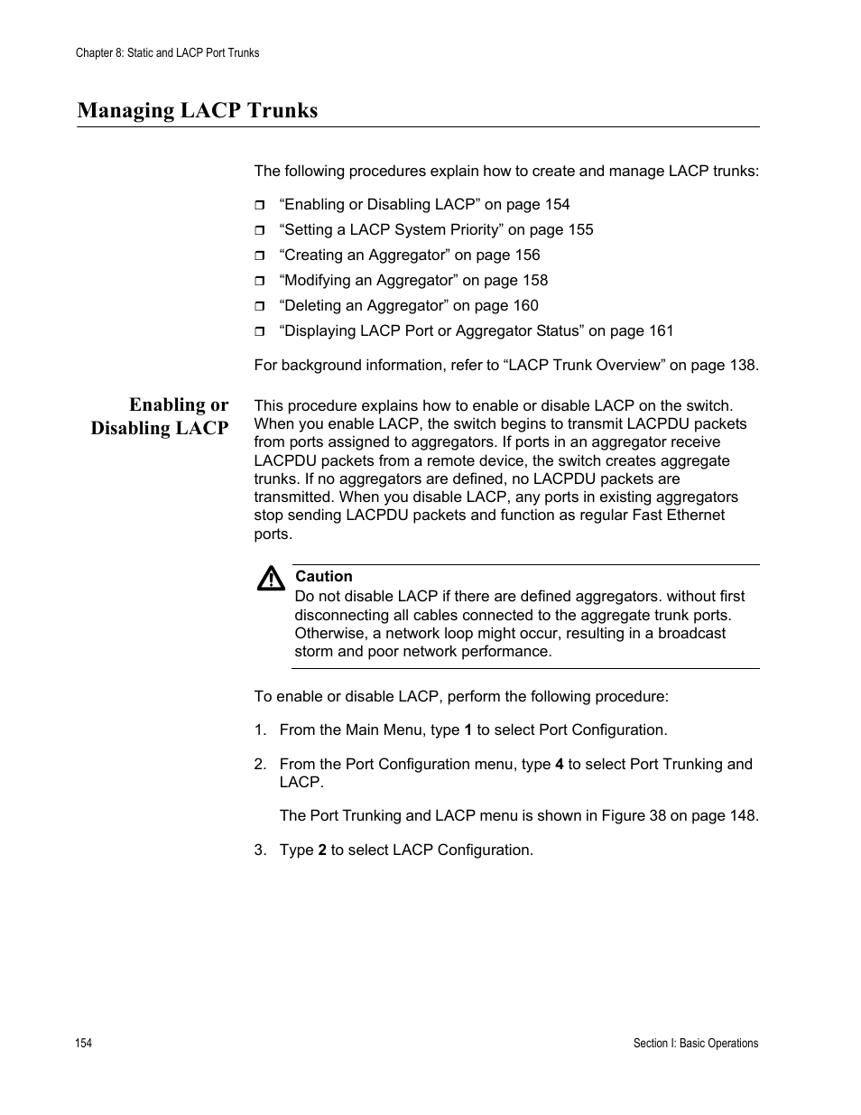 Managing lacp trunks, Enabling or disabling lacp | Allied Telesis AT-S62 User Manual | Page 154 / 822