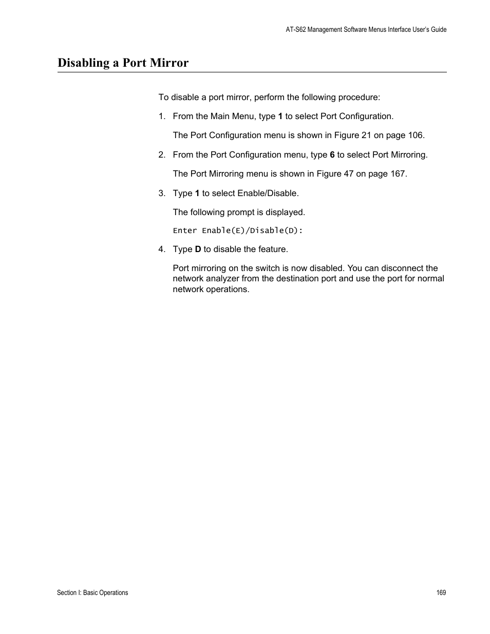 Disabling a port mirror | Allied Telesis AT-S62 User Manual | Page 169 / 822