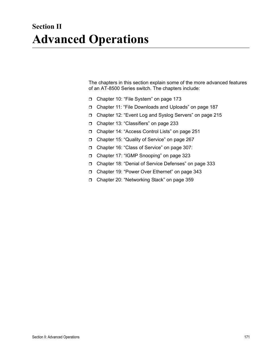 Section ii, Advanced operations, Section ii: advanced operations | Allied Telesis AT-S62 User Manual | Page 171 / 822
