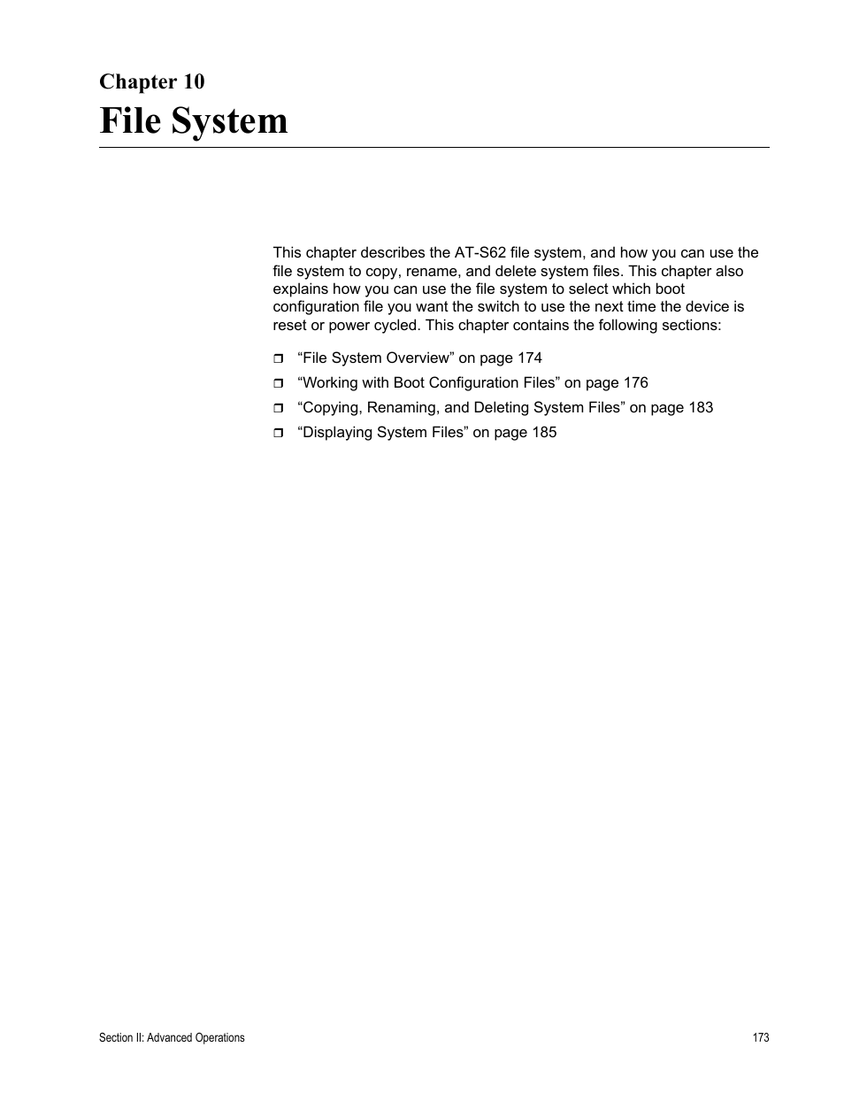 Chapter 10, File system, Chapter 10: file system | Allied Telesis AT-S62 User Manual | Page 173 / 822
