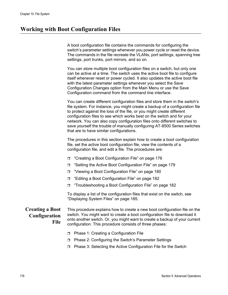 Working with boot configuration files, Creating a boot configuration file | Allied Telesis AT-S62 User Manual | Page 176 / 822