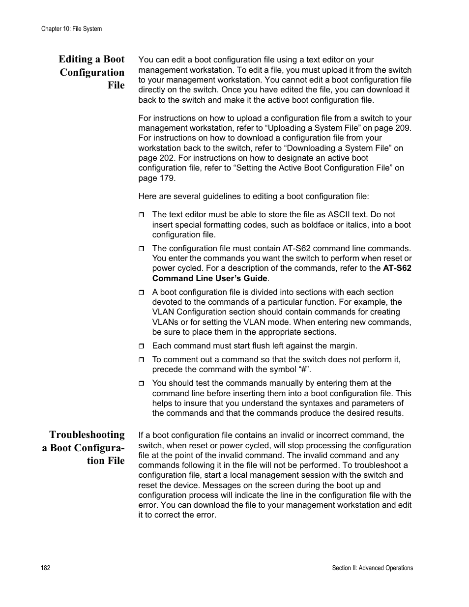 Editing a boot configuration file, Troubleshooting a boot configuration file, Troubleshooting a boot configura- tion file | Allied Telesis AT-S62 User Manual | Page 182 / 822