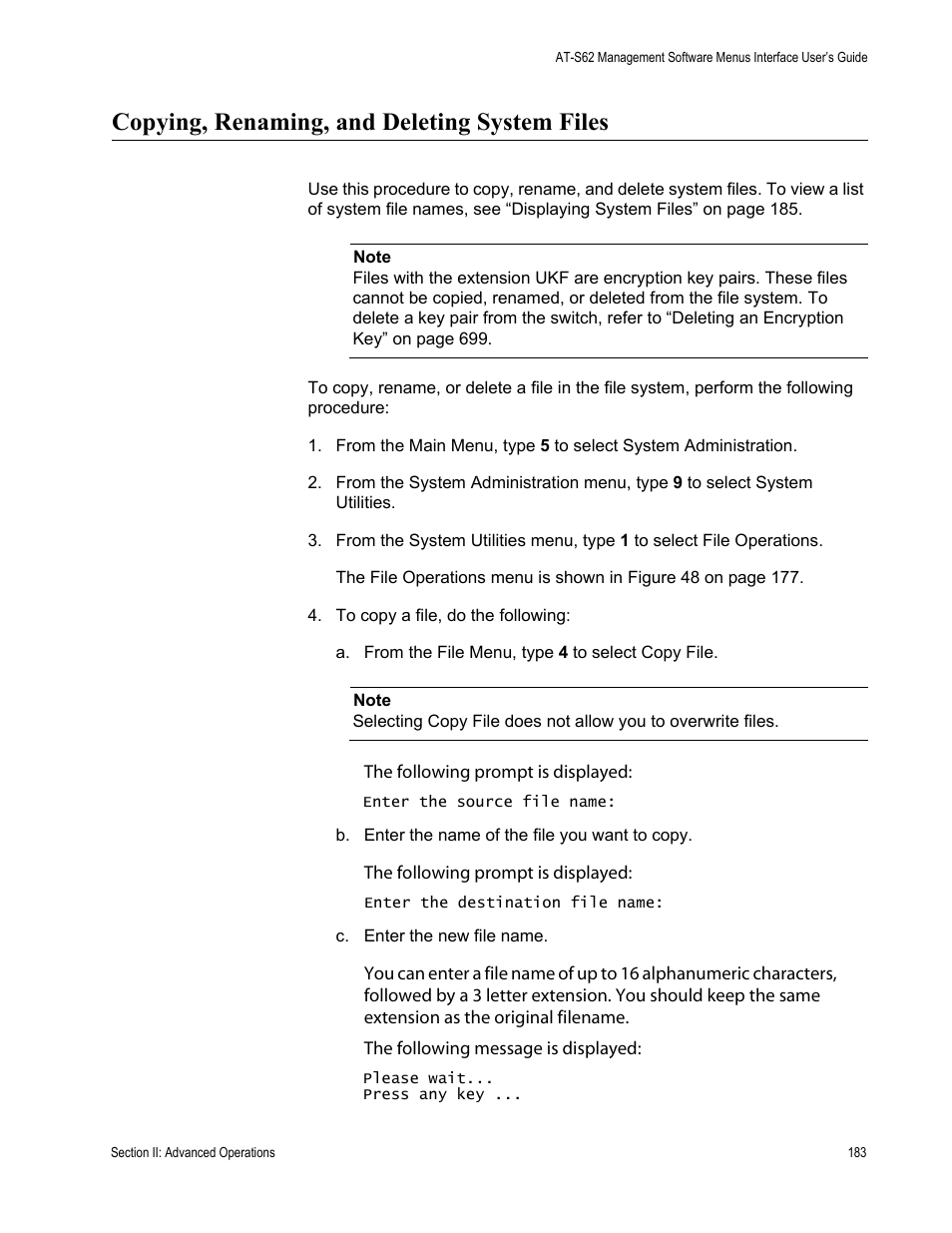 Copying, renaming, and deleting system files | Allied Telesis AT-S62 User Manual | Page 183 / 822