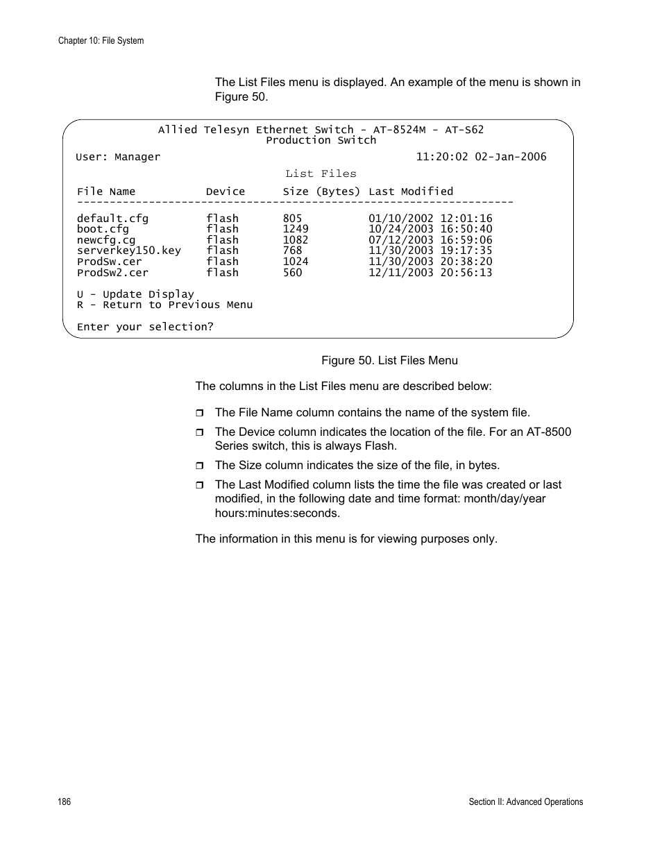 Figure 50: list files menu | Allied Telesis AT-S62 User Manual | Page 186 / 822