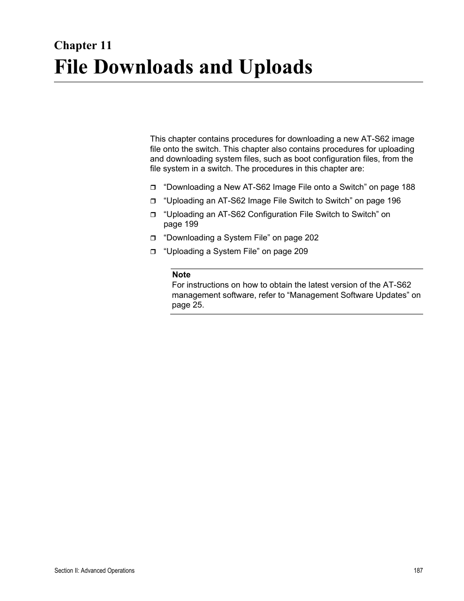 Chapter 11, File downloads and uploads, Chapter 11: file downloads and uploads | Allied Telesis AT-S62 User Manual | Page 187 / 822