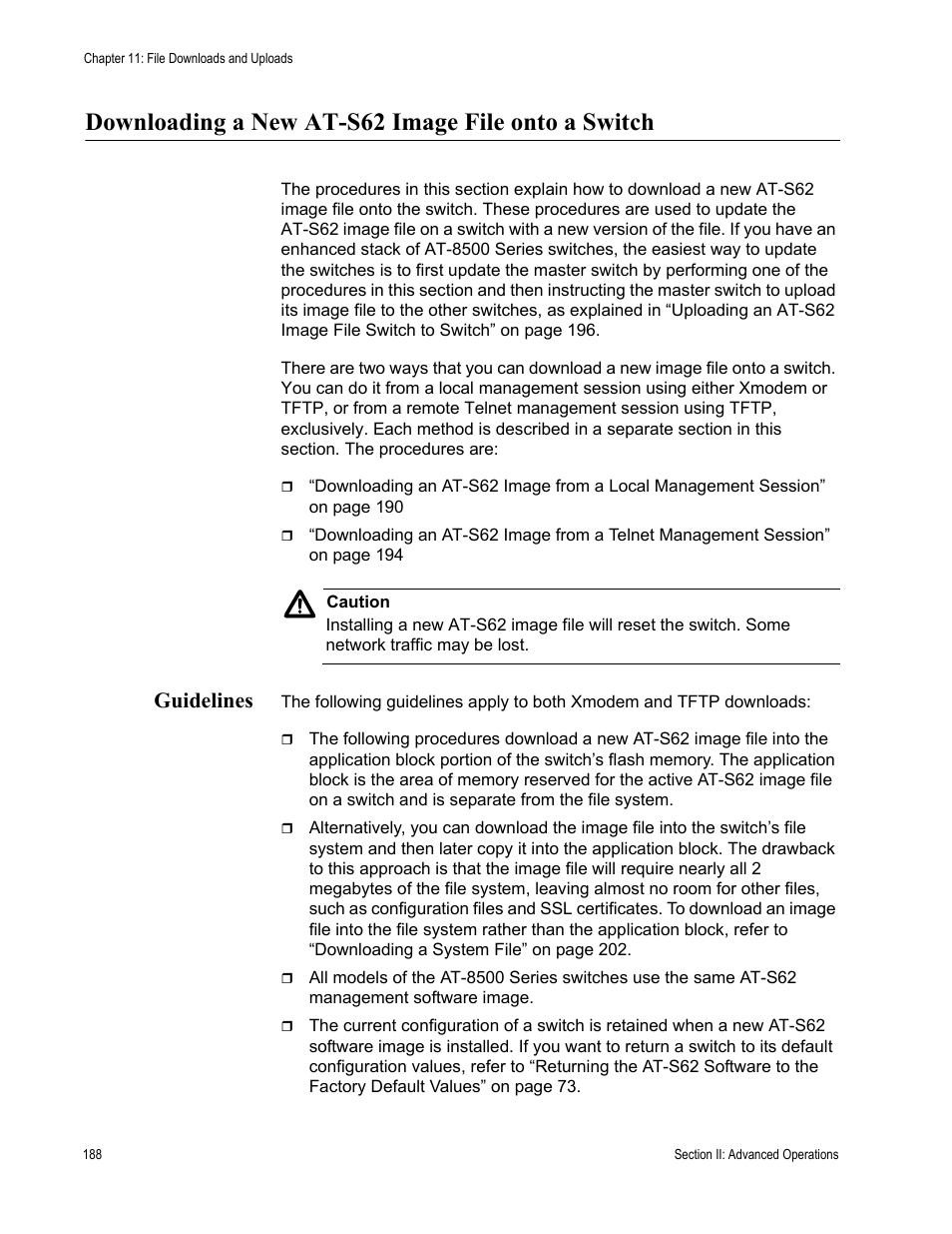 Downloading a new at-s62 image file onto a switch, Guidelines | Allied Telesis AT-S62 User Manual | Page 188 / 822