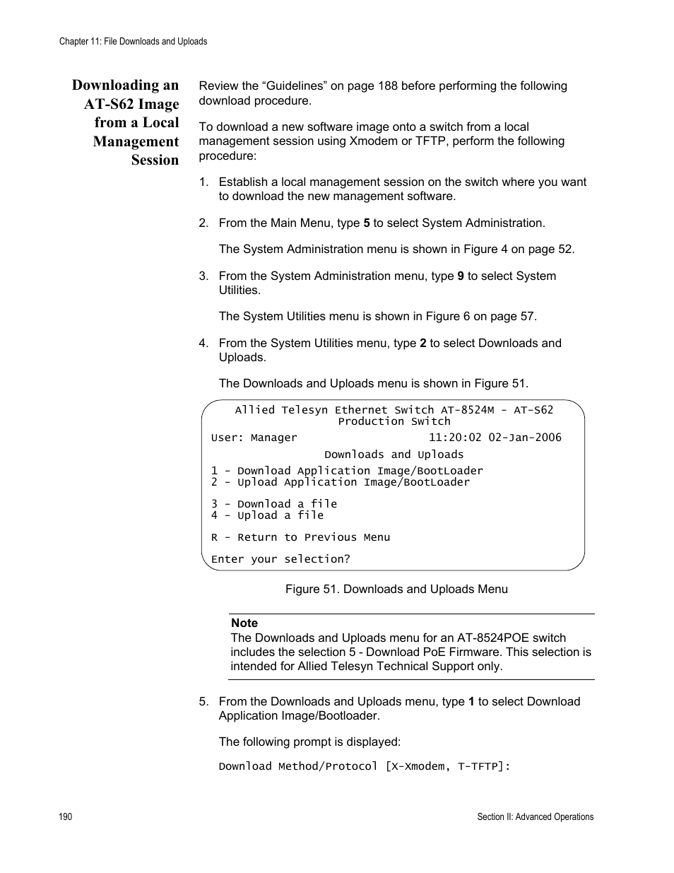 Figure 51: downloads and uploads menu | Allied Telesis AT-S62 User Manual | Page 190 / 822