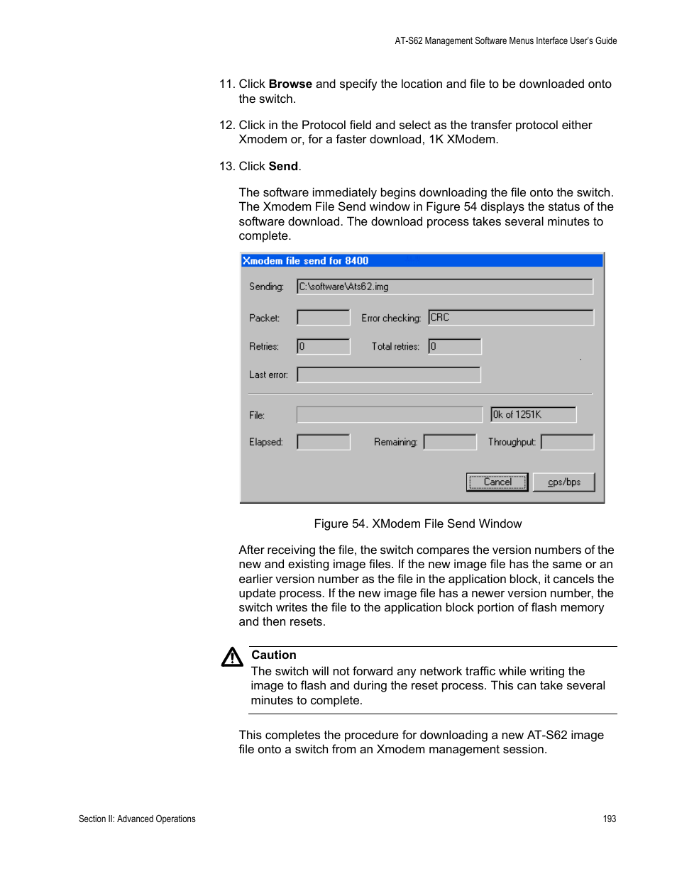 Figure 54: xmodem file send window | Allied Telesis AT-S62 User Manual | Page 193 / 822