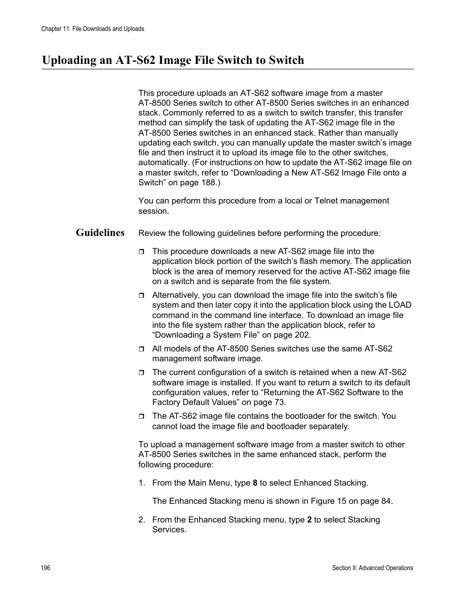Uploading an at-s62 image file switch to switch, Guidelines | Allied Telesis AT-S62 User Manual | Page 196 / 822