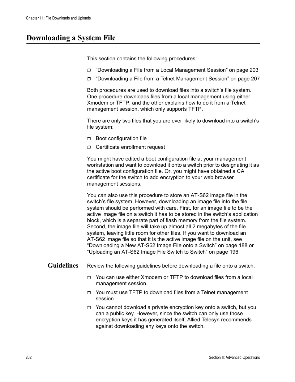 Downloading a system file, Guidelines | Allied Telesis AT-S62 User Manual | Page 202 / 822