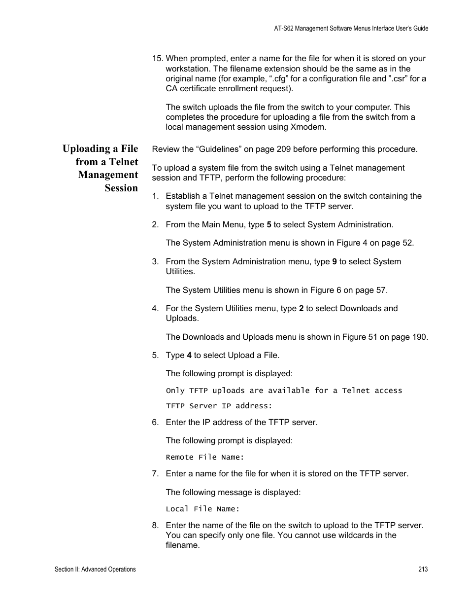 Uploading a file from a telnet management session | Allied Telesis AT-S62 User Manual | Page 213 / 822