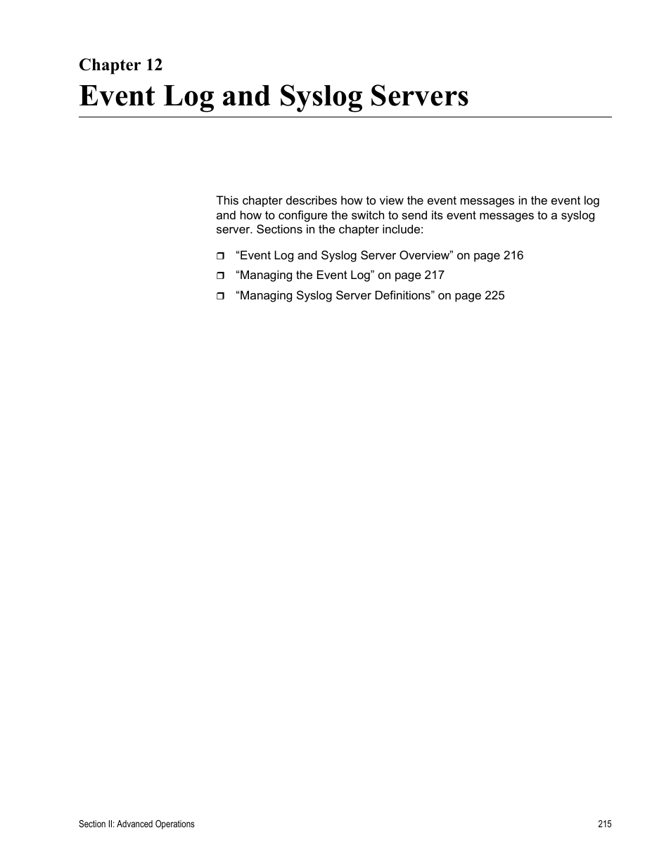 Chapter 12, Event log and syslog servers, Chapter 12: event log and syslog servers | Allied Telesis AT-S62 User Manual | Page 215 / 822