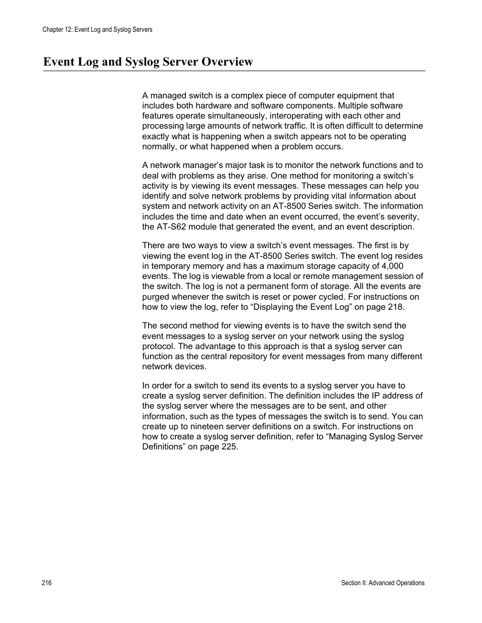 Event log and syslog server overview | Allied Telesis AT-S62 User Manual | Page 216 / 822