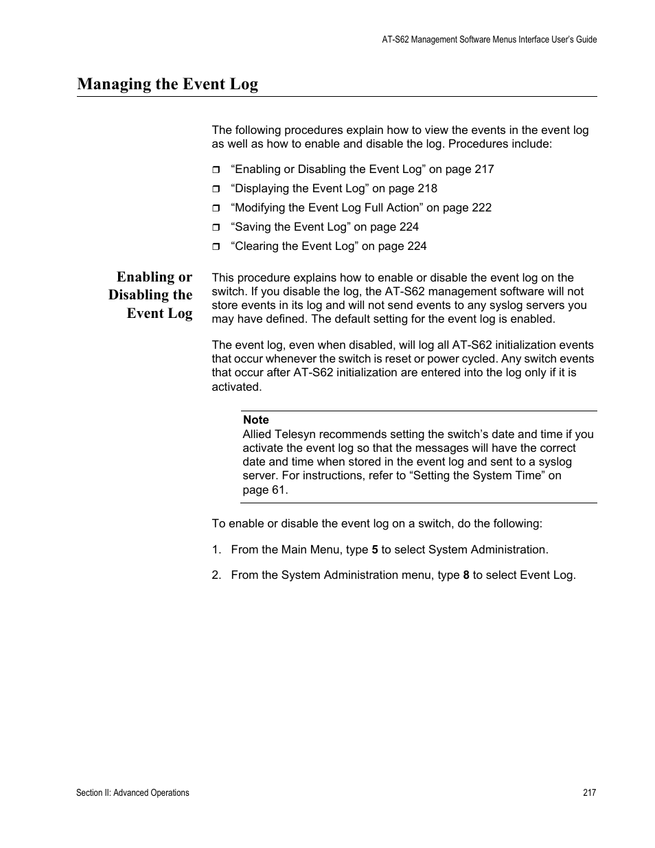 Managing the event log, Enabling or disabling the event log | Allied Telesis AT-S62 User Manual | Page 217 / 822