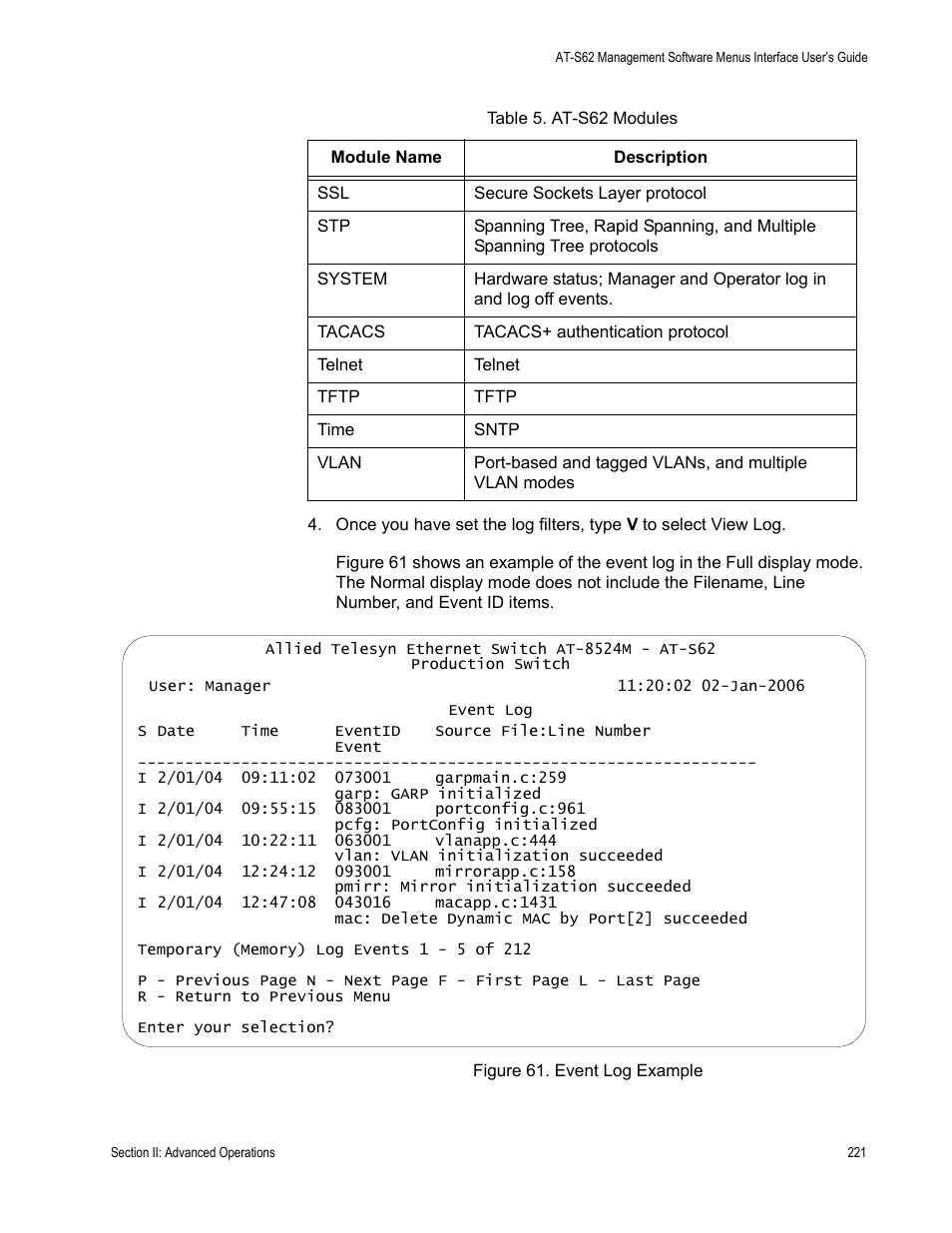 Figure 61: event log example | Allied Telesis AT-S62 User Manual | Page 221 / 822