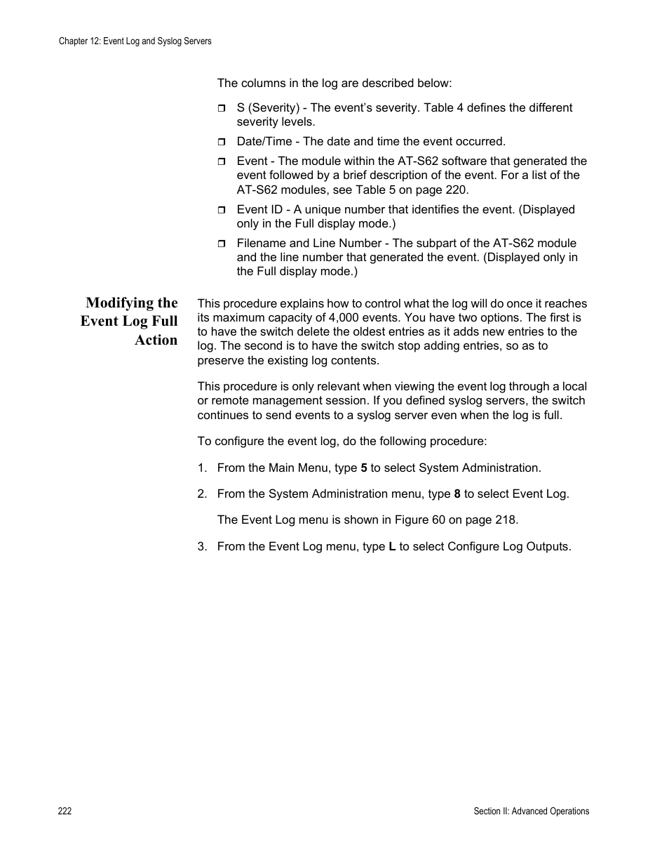 Modifying the event log full action | Allied Telesis AT-S62 User Manual | Page 222 / 822