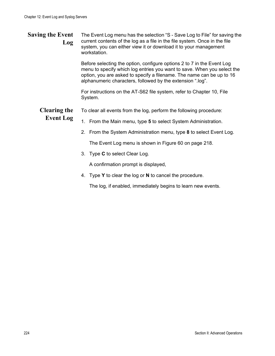 Saving the event log, Clearing the event log, Saving the event log clearing the event log | Allied Telesis AT-S62 User Manual | Page 224 / 822