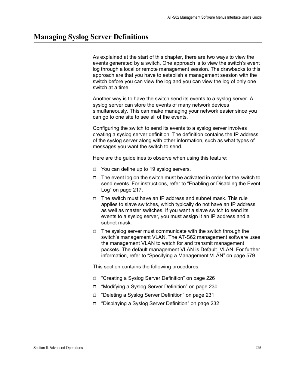 Managing syslog server definitions | Allied Telesis AT-S62 User Manual | Page 225 / 822