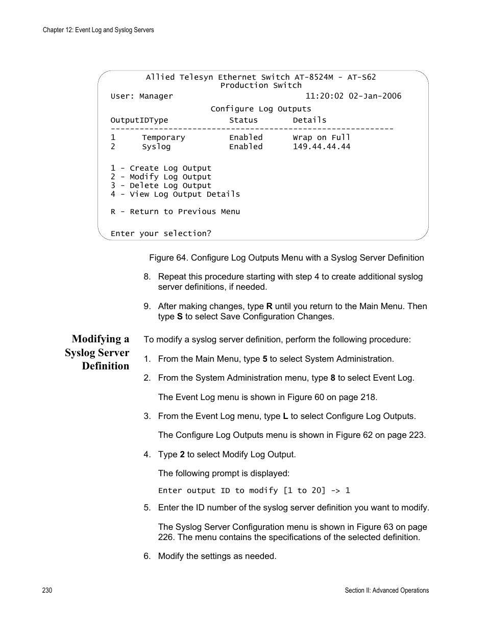 Modifying a syslog server definition | Allied Telesis AT-S62 User Manual | Page 230 / 822