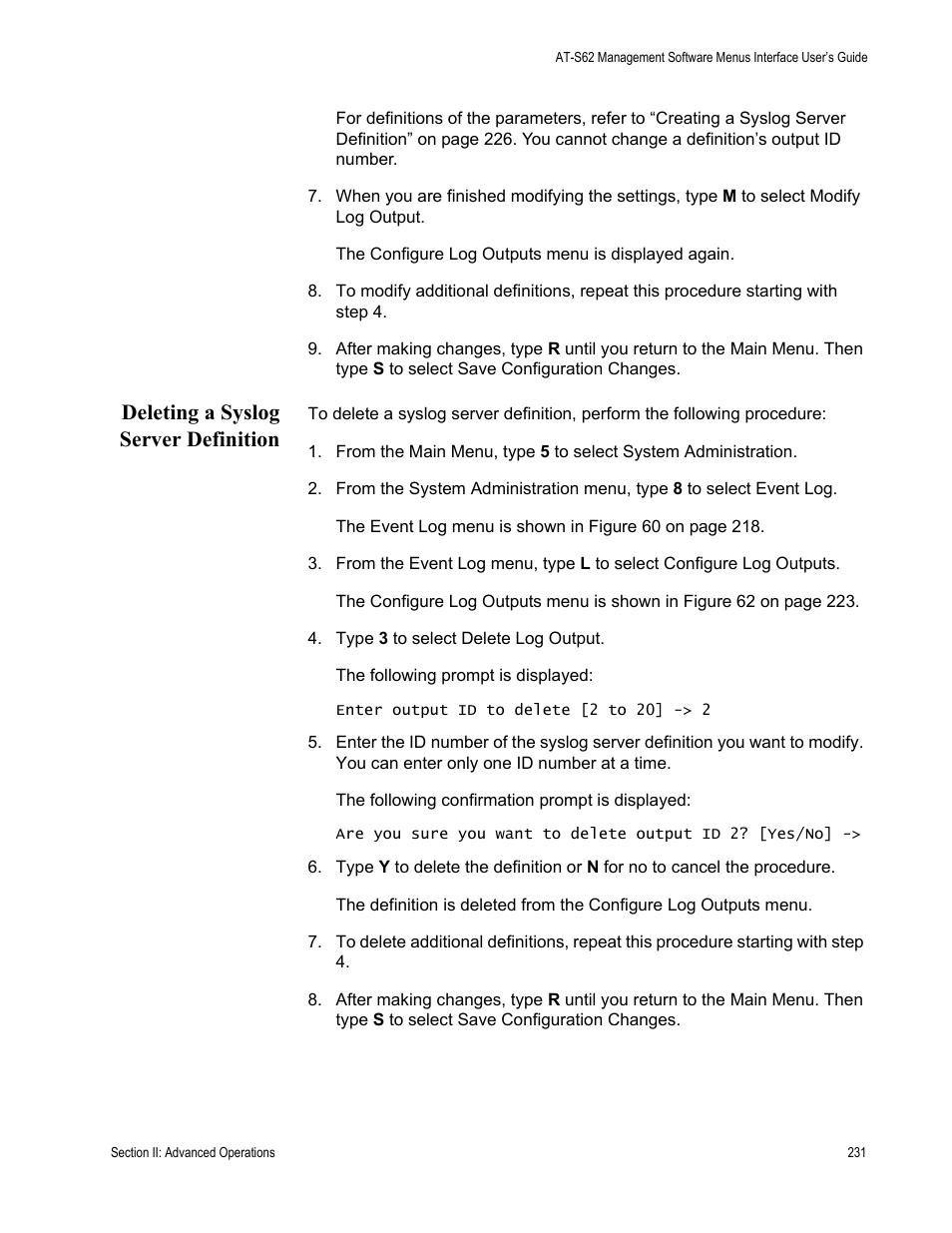 Deleting a syslog server definition | Allied Telesis AT-S62 User Manual | Page 231 / 822