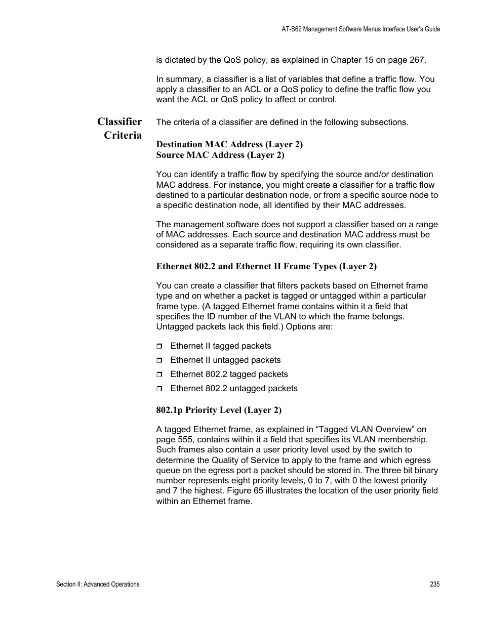 Classifier criteria | Allied Telesis AT-S62 User Manual | Page 235 / 822