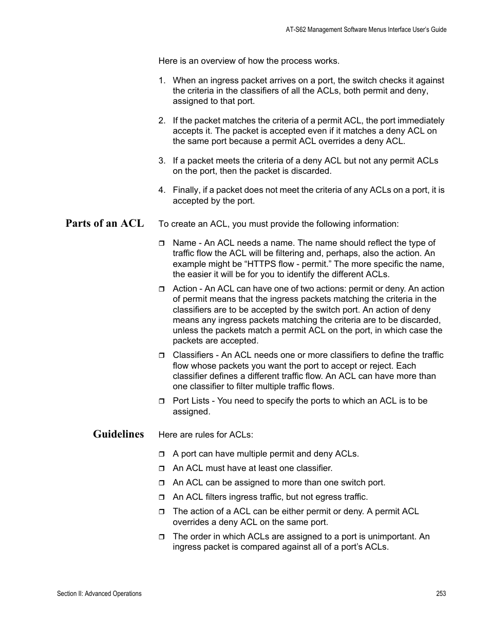 Parts of an acl, Guidelines, Parts of an acl guidelines | Allied Telesis AT-S62 User Manual | Page 253 / 822