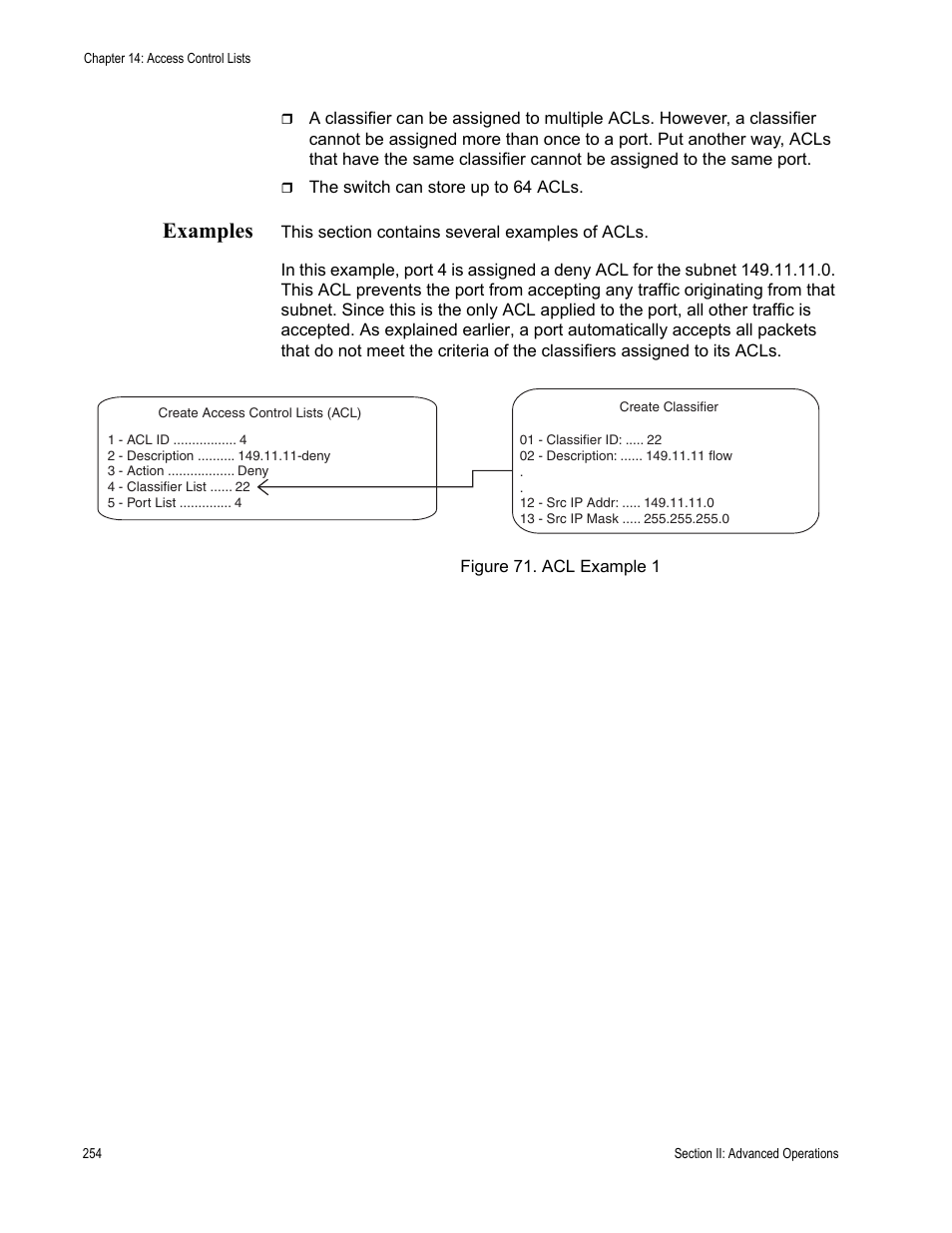 Examples, Figure 71: acl example 1 | Allied Telesis AT-S62 User Manual | Page 254 / 822