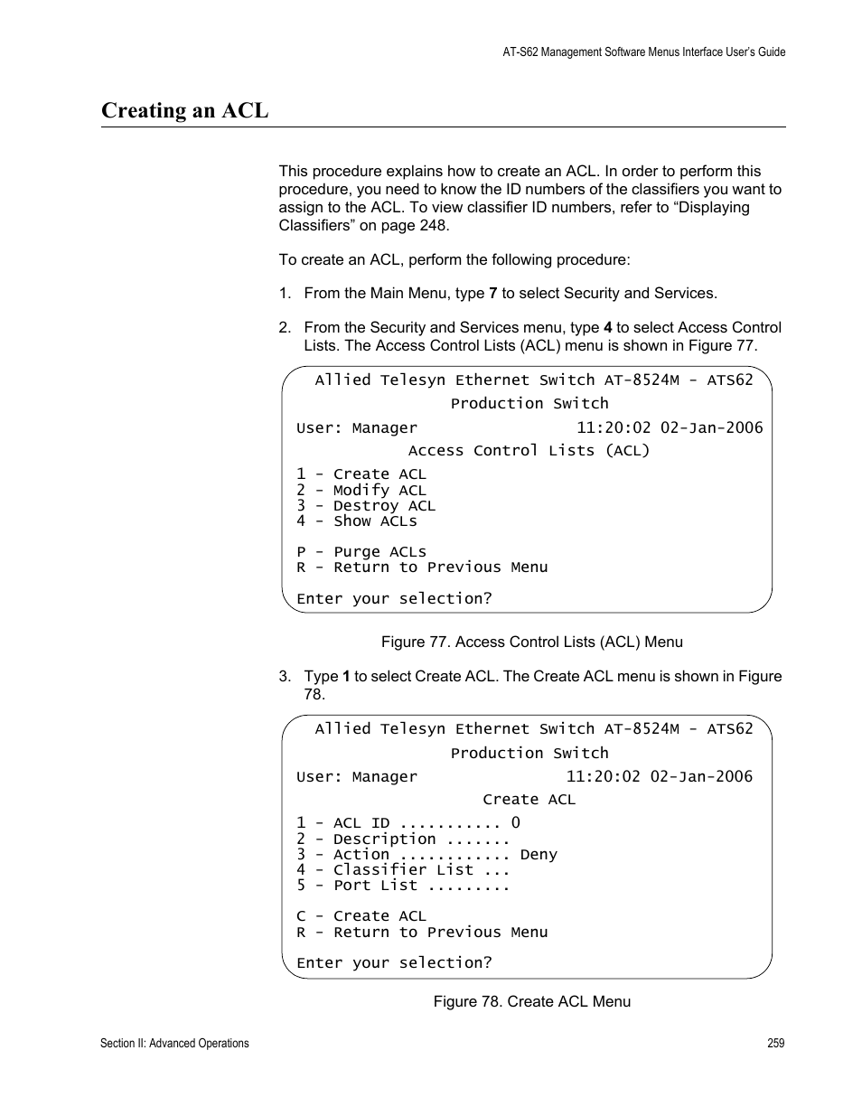 Creating an acl, Creating an acl” on | Allied Telesis AT-S62 User Manual | Page 259 / 822