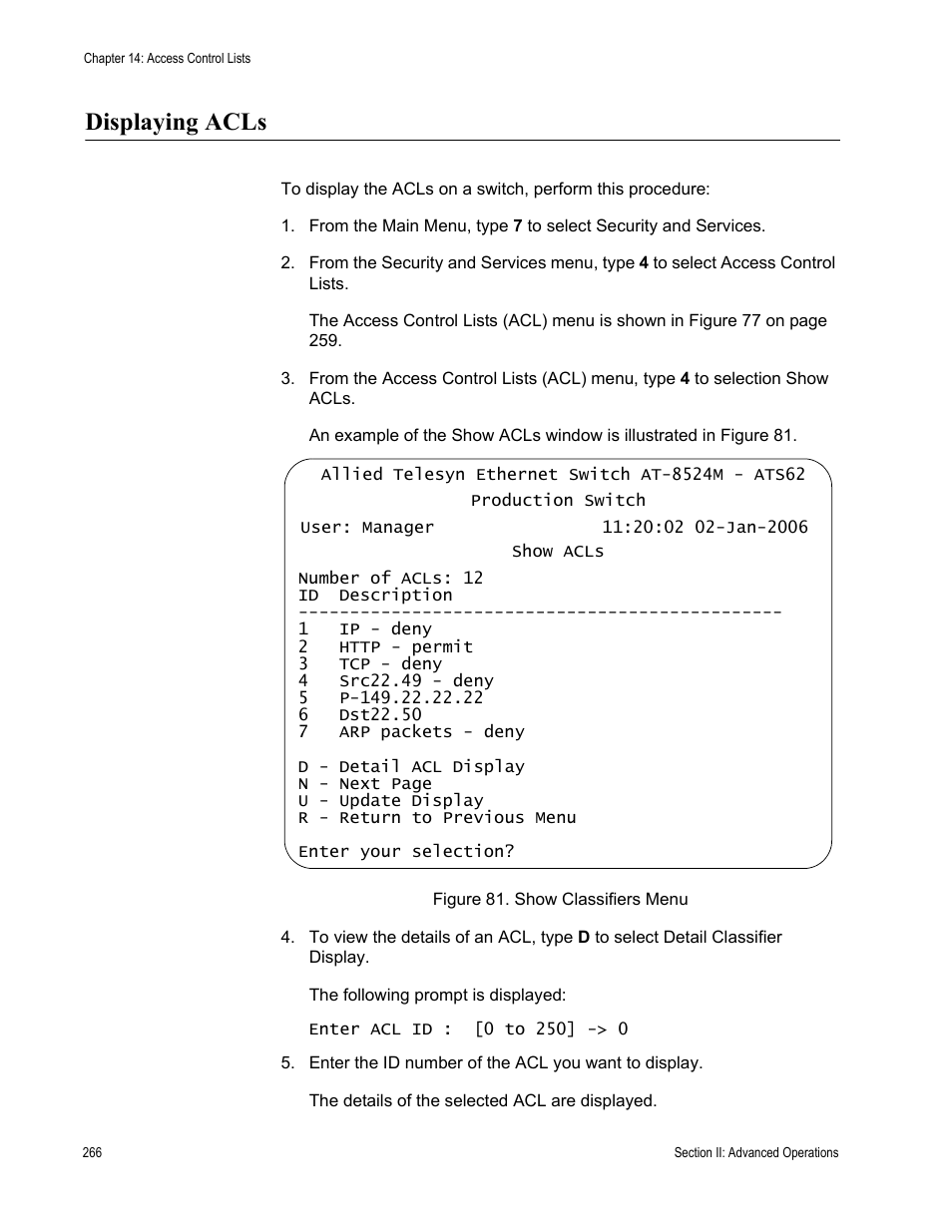 Displaying acls, Show classifiers menu | Allied Telesis AT-S62 User Manual | Page 266 / 822