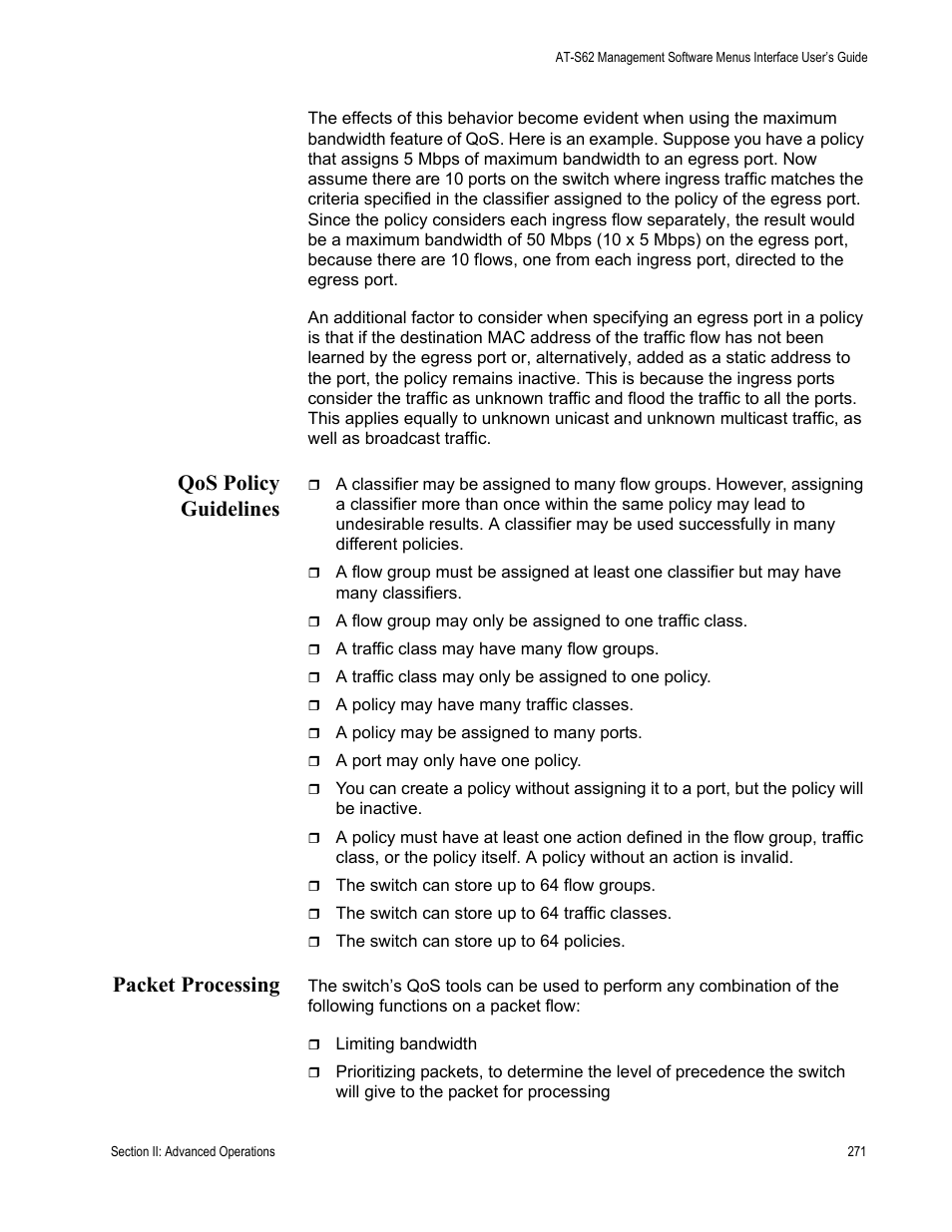 Qos policy guidelines, Packet processing, Qos policy guidelines packet processing | Allied Telesis AT-S62 User Manual | Page 271 / 822