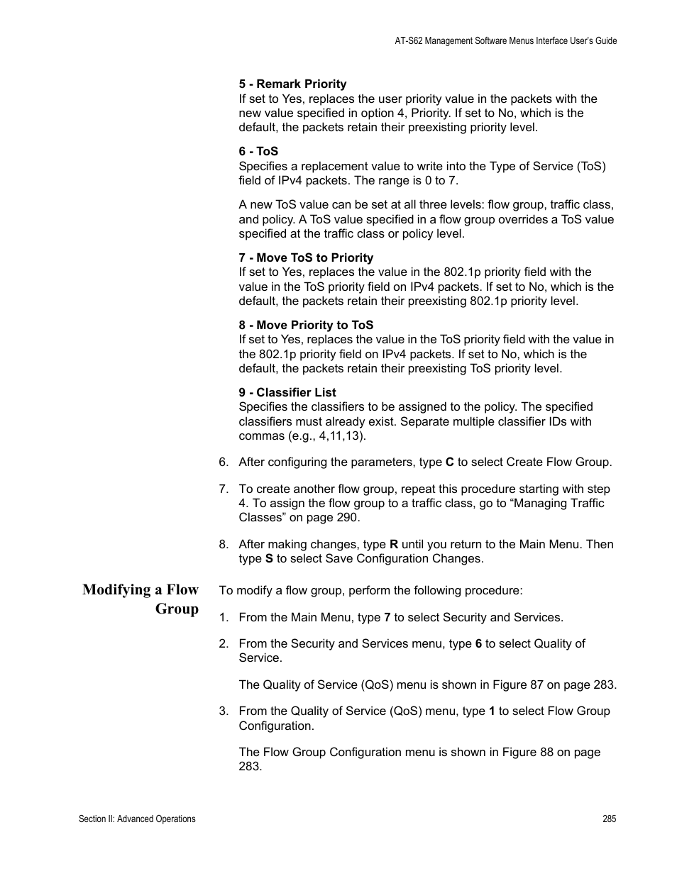 Modifying a flow group | Allied Telesis AT-S62 User Manual | Page 285 / 822