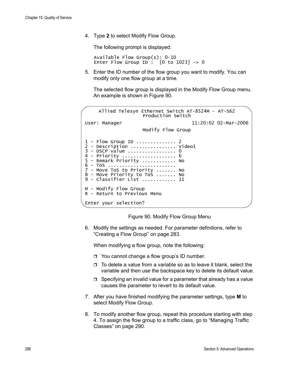 Figure 90: modify flow group menu | Allied Telesis AT-S62 User Manual | Page 286 / 822