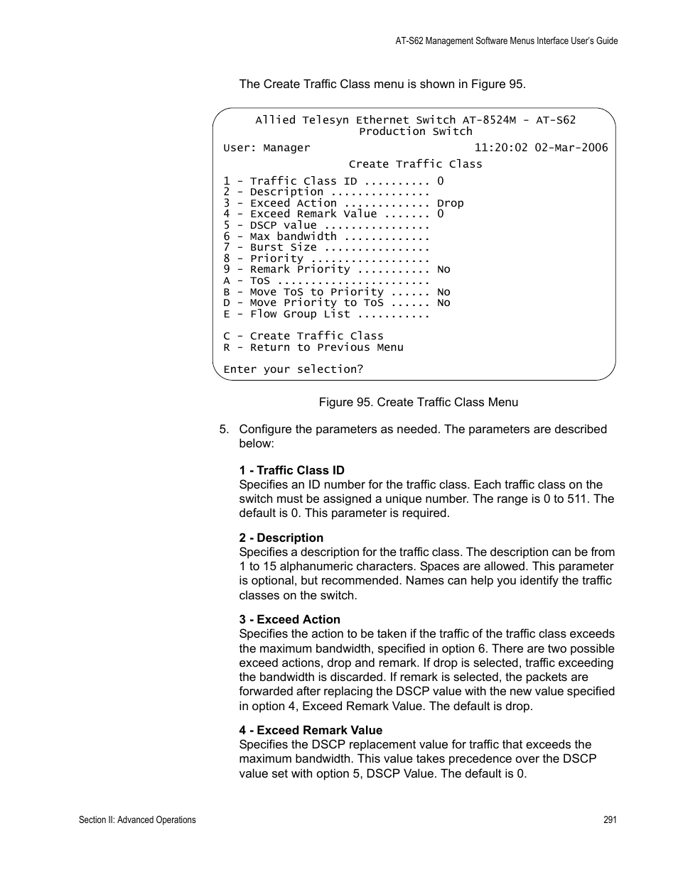 Figure 95: create traffic class menu | Allied Telesis AT-S62 User Manual | Page 291 / 822