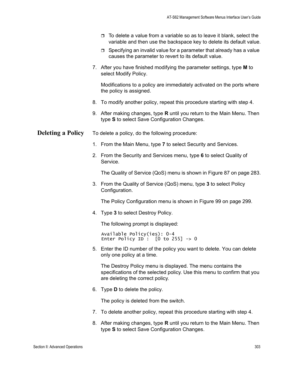 Deleting a policy | Allied Telesis AT-S62 User Manual | Page 303 / 822