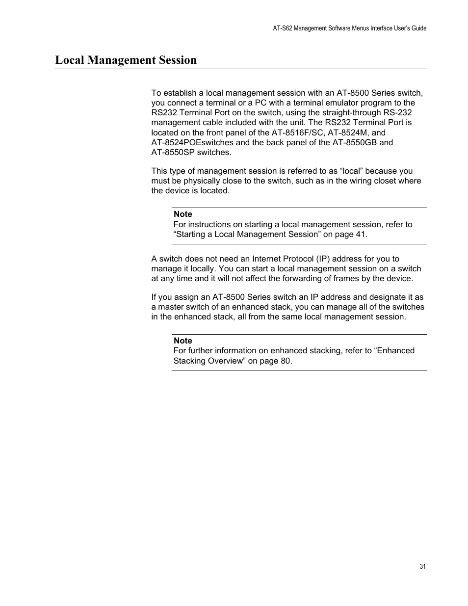 Local management session | Allied Telesis AT-S62 User Manual | Page 31 / 822