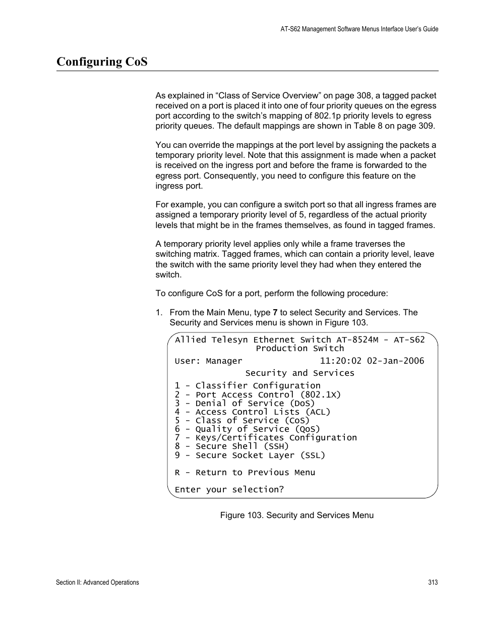 Configuring cos, Figure 103: security and services menu | Allied Telesis AT-S62 User Manual | Page 313 / 822