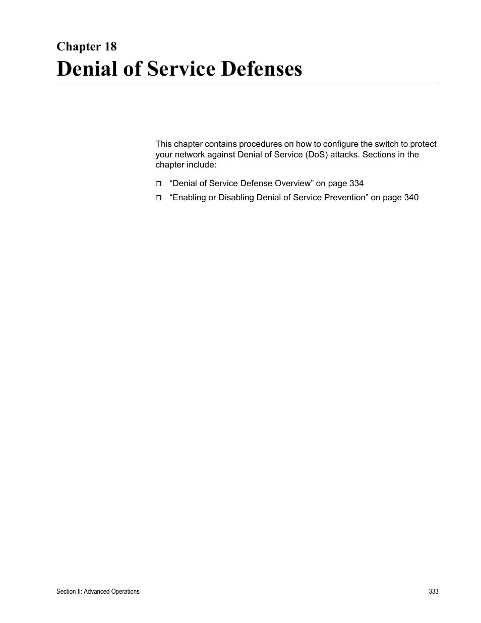 Chapter 18, Denial of service defenses, Chapter 18: denial of service defenses | Allied Telesis AT-S62 User Manual | Page 333 / 822