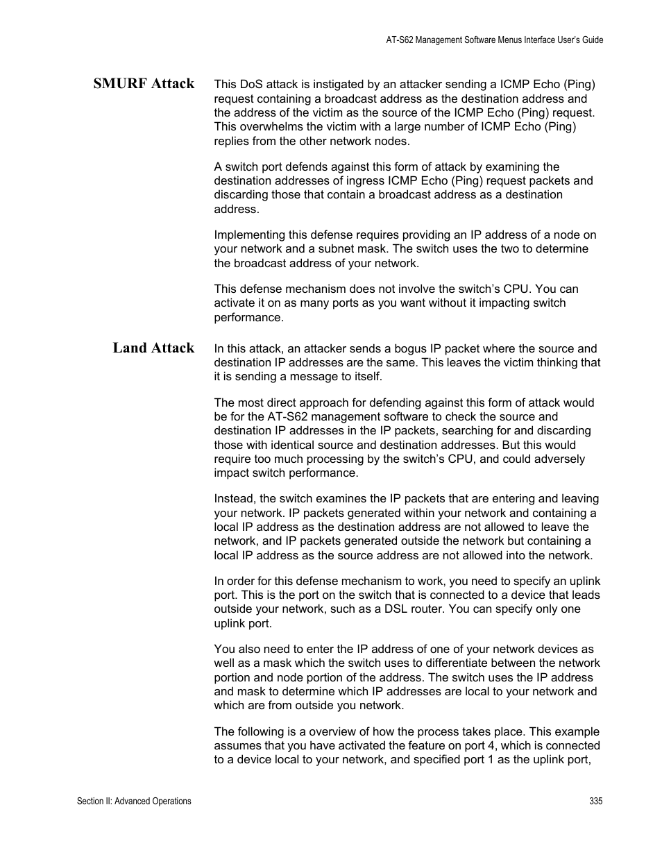 Smurf attack, Land attack, Smurf attack land attack | Allied Telesis AT-S62 User Manual | Page 335 / 822
