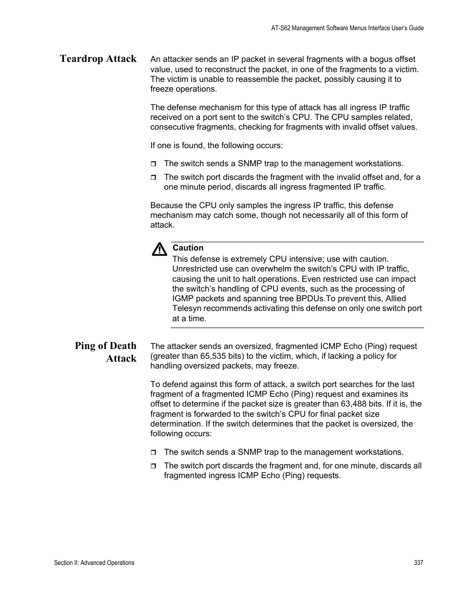 Teardrop attack, Ping of death attack, Teardrop attack ping of death attack | Allied Telesis AT-S62 User Manual | Page 337 / 822