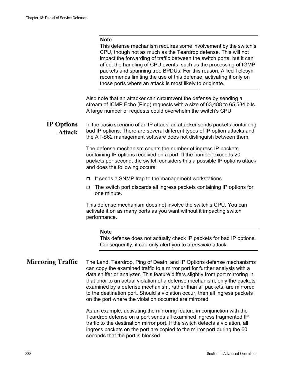 Ip options attack, Mirroring traffic, Ip options attack mirroring traffic | Allied Telesis AT-S62 User Manual | Page 338 / 822