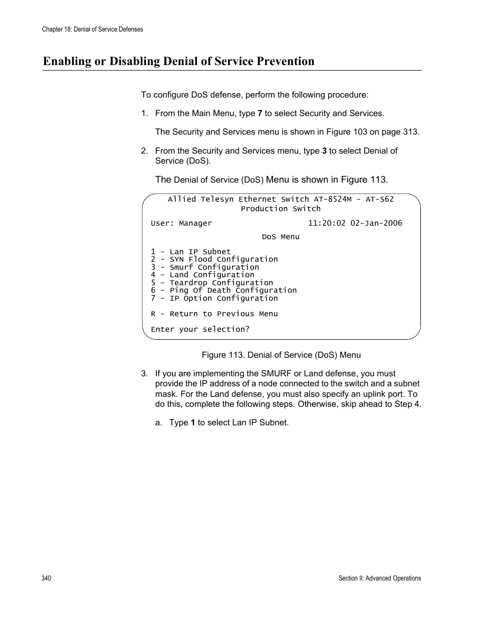 Enabling or disabling denial of service prevention, Figure 113: denial of service (dos) menu | Allied Telesis AT-S62 User Manual | Page 340 / 822