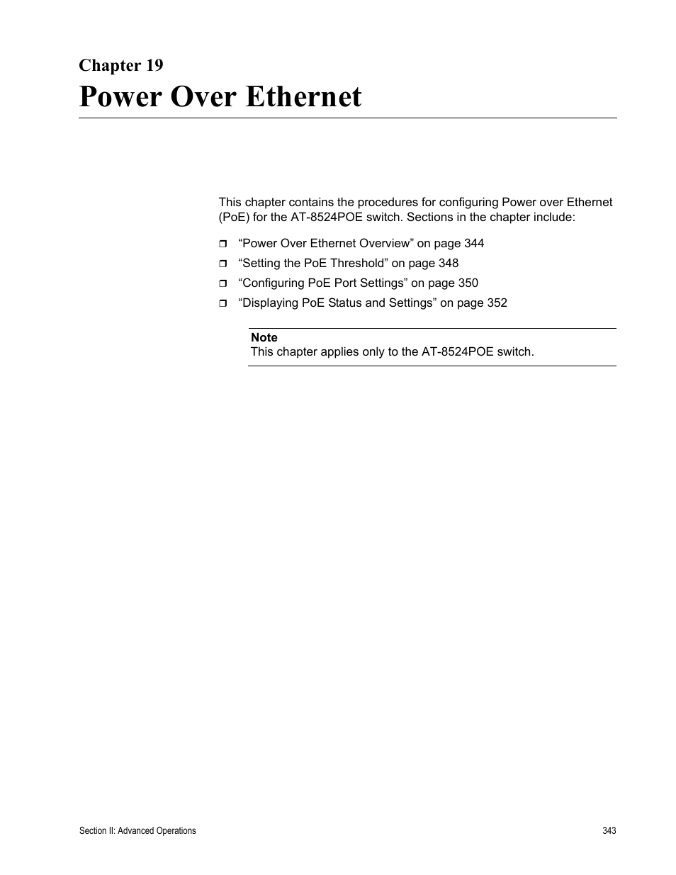 Chapter 19, Power over ethernet, Chapter 19: power over ethernet | Allied Telesis AT-S62 User Manual | Page 343 / 822