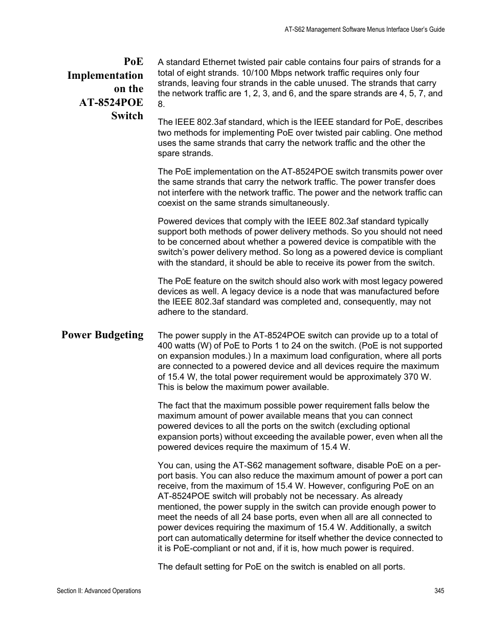 Poe implementation on the at-8524poe switch, Power budgeting | Allied Telesis AT-S62 User Manual | Page 345 / 822