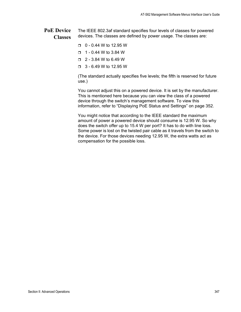 Poe device classes | Allied Telesis AT-S62 User Manual | Page 347 / 822