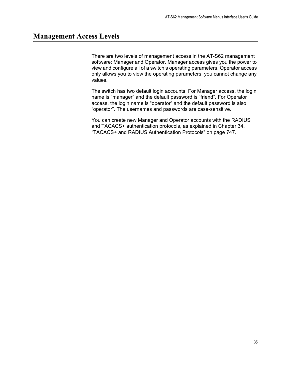 Management access levels | Allied Telesis AT-S62 User Manual | Page 35 / 822