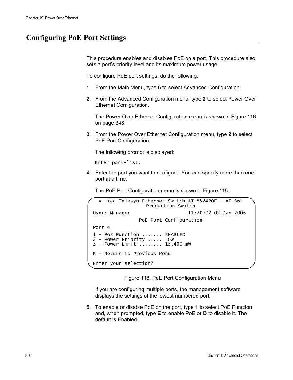 Configuring poe port settings, Figure 118: poe port configuration menu | Allied Telesis AT-S62 User Manual | Page 350 / 822